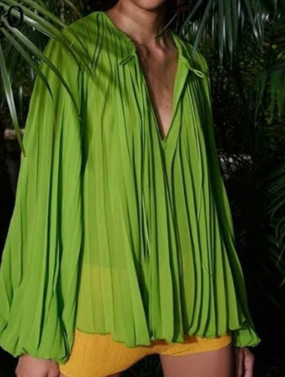 Zara Lime Green Pleated V-Neck Tunic